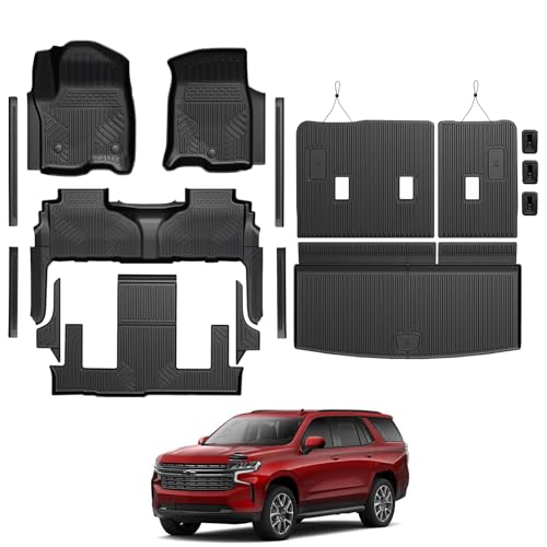 Floor Mats for Chevy Tahoe/GMC Yukon 2021-2026, All Weather Floor Mats Trunk Cargo Liner with Backrest Protectors and Door Sill Guards Accessories, Full Coverage Set (Fit 7 Seats) - size: For Chevy Tahoe/GMC Yukon | 2021-2026