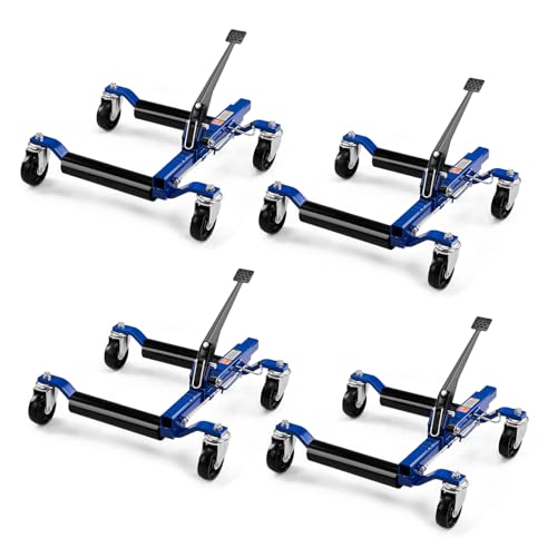 TUFFIOM Car Wheel Dolly Set of 4, Removable Mechanical 6000-lbs Car Skates, 12'' Wheel Vehicle Positioning Jack, Heavy Duty Rollers with Ratcheting Foot Pedal for Tire Auto Repair Moving, Blue - color: Blue