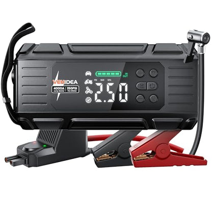 Jump Starter with Air Compressor: 4000A 150PSI Car Battery Charger - 65W Tire Inflator Portable Car Battery Jumper Starter Power Pack - Jump Box Cables (All Gas/10L Diesel) - for Automotive RV Tools