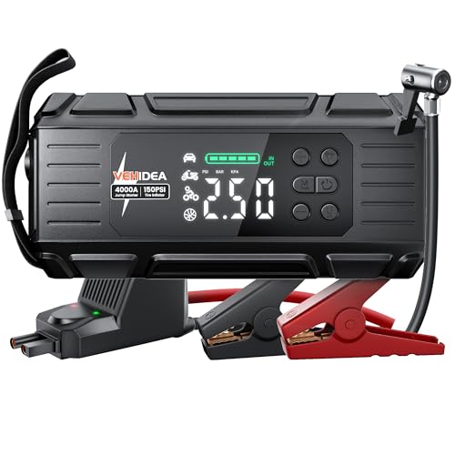 Jump Starter with Air Compressor: 4000A 150PSI Car Battery Charger - 65W Tire Inflator Portable Car Battery Jumper Starter Power Pack - Jump Box Cables (All Gas/10L Diesel) - for Automotive RV Tools
