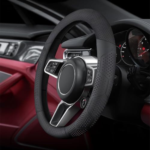 Yangday Leather Steering Wheel Cover for Dodge Ram 1500 2500 3500, 15.5-16 inches Car Steering Wheel Cover with Non-Slip Breathable (Black) - color: Black-2