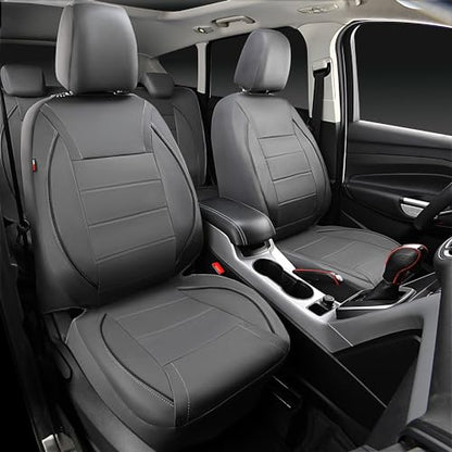 CAR PASS Piping Faux Leather Car Seat Cover Full Set,Grey Breathable Leather Seat Covers for Cars, Airbag Compatible,Universal Fit for SUVs,Van,Sedans,Small Trucks (Full Set, All Gray) - color: Grey with charcoal stripes