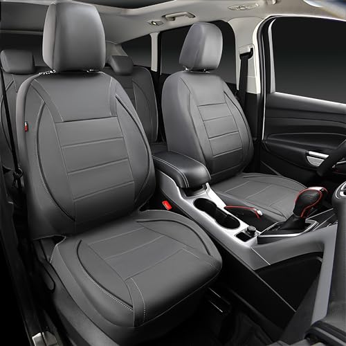 CAR PASS Piping Faux Leather Car Seat Cover Full Set,Grey Breathable Leather Seat Covers for Cars, Airbag Compatible,Universal Fit for SUVs,Van,Sedans,Small Trucks (Full Set, All Gray) - color: Grey with charcoal stripes