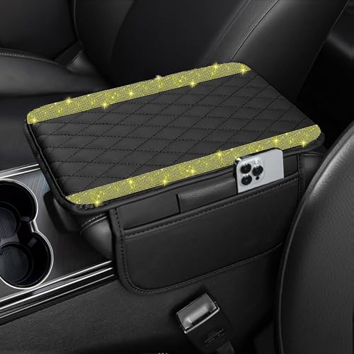 NBTEPEM Bling Car Center Console Cover, Leather Car Arm Rest Cover Cushion with 2 Storage Bags, Universal Auto Armrest Protector Storage Box, Bling Accessories Interior for Most Vehicles (Yellow) - color: Yellow Diamond