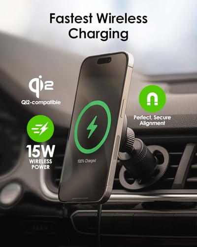 Mophie Qi2 snap+ Magnetic Wireless Charging Vent Mount - Fast 15W Qi-Enabled Charger for iPhone 17/16/15/14/13/12, Universal Car Compatibility, 30W Car Charger Adapter Included, USB-C, Black