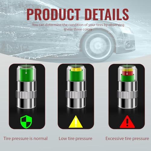 4-Pack Car Tire Pressure Monitoring Valve Caps with Tri-Color Warning System, 2.4Bar/36psi Tire Pressure Detector, Fits Most Vehicle Models, Includes 4 Screws + Wrench (Silver) - color: Silver