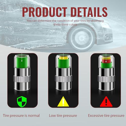 4-Pack Car Tire Pressure Monitoring Valve Caps with Tri-Color Warning System, 2.4Bar/36psi Tire Pressure Detector, Fits Most Vehicle Models, Includes 4 Screws + Wrench (Gold) - color: Gold