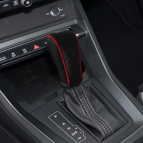 Leather Car Gear Shift Knob Cover, Shift Knob Cover, Upgraded Anti-Slip Design Stick Shift Knob Cover, Universal Shifter Lever Protector Cover Car Decoration Accessories for Cars, Trucks, SUVs - color: Black red