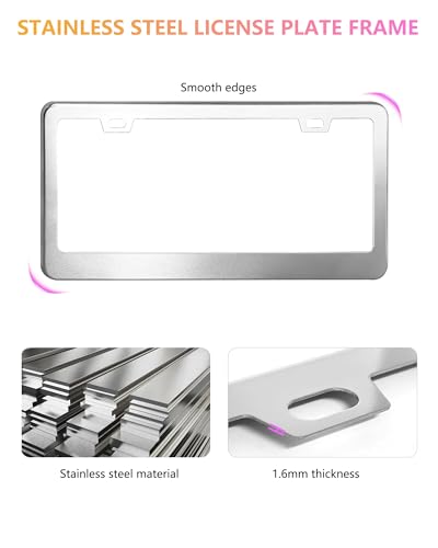License Plate Frames - 2 Packs Stainless Steel Universal Car Tag Frame for Front and Rear Number Holder with Screws & Chrome Caps - style: Stainless Steel-Wide Frame-A
