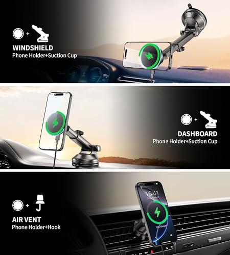 for Mag-Safe Car Mount Charger Dash Vent Windshield Wireless Car Charger with LED Light, Strong Magnetic Phone Holder for Car for iPhone 17 16 15 14 13 12 Series(Cyan) - color: Cyan