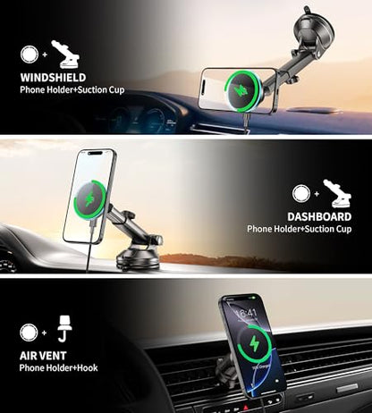 for Mag-Safe Car Mount Charger Dash Vent Windshield Wireless Car Charger with LED Light, Strong Magnetic Phone Holder for Car for iPhone 17 16 15 14 13 12 Series(Cyan) - color: Cyan