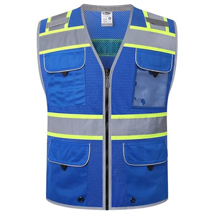 JKSafety Hi-Vis Unisex Surveyor Safety Vest Heavy Duty PPE Inner Pockets ANSI/ISEA Compliant - color: Jk189-blue, size: X-Large