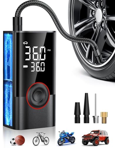Tire Inflator Portable Air Compressor, 150PSI Air Pump for Car Tires with LED Light, Cordless Tire Pump with Digital Pressure Gauge, Tire Inflator for Car, Bike, Motorcycle, Ball (Black) - color: Black