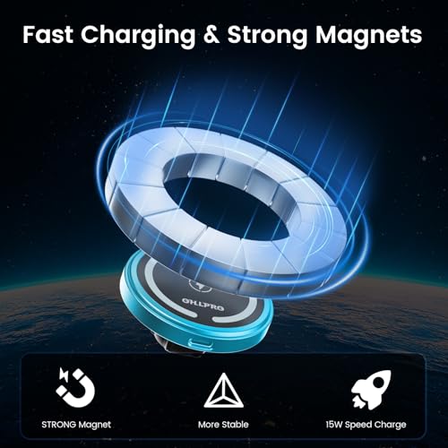 OHLPRO 15W Magsafe Car Mount Charger for iPhone 17, Fast Wireless Charging Magnetic CD Slot Holder with 3M Adhesive Base for Dashboard, Aluminum Shell, Compatible with iPhone 16 15 14 Series, Blue - color: Blue