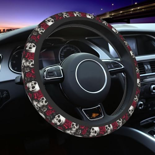 Skull Rose Steering Wheel Cover with 2 Car Coasters Non Slip Neoprene for Women Men Universal 15 Inch - color: Skull Rose