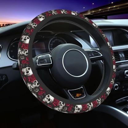 Skull Rose Steering Wheel Cover with 2 Car Coasters Non Slip Neoprene for Women Men Universal 15 Inch - color: Skull Rose