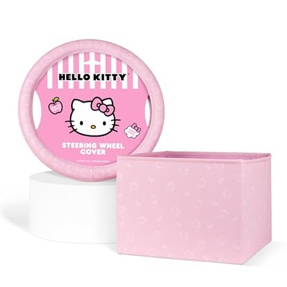 Sanrio Hello Kitty Car Trunk Organizer & Steering Wheel Cover Set – Cute, Non-Slip, Soft Grip Car Accessories for Women – Collapsible Storage Bin for Groceries, Tools & Travel – 12.5"L x 12.5"W x 9"H - style: Set Hello Kitty