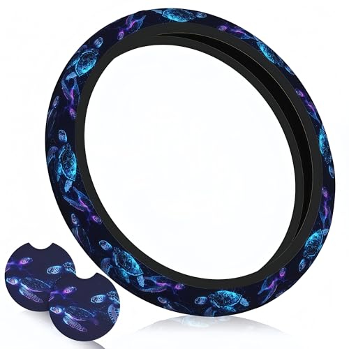 Sea Turtle Steering Wheel Cover - Bule Anti-Slip Breathable Universal 14-15 Inch Car Wheel Cover with 2 Matching Coasters Set for Men Women,Soft Comfort Grip Accessories - color: Sea Turtle