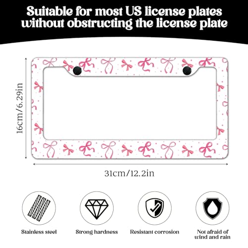 2 Pack License Plate Frames, Pink Bowknot License Plate Cover, Universal US Stainless Steel License Plate Holder with Screws for Women Men - color: Pink Bowknot