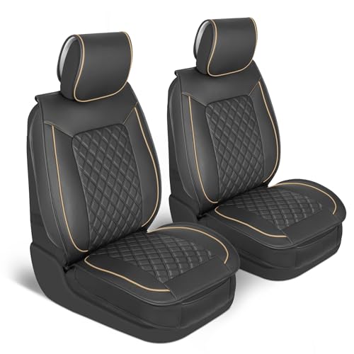 MotorBox Faux Leather Front Seat Covers – 2-Piece Set for Cars, Trucks & SUVs – Semi-Universal Fit, Napa Style Cushion with Interior Protector – Stylish, Durable, Easy to Install - color: Black, Beige, size: 2 Front