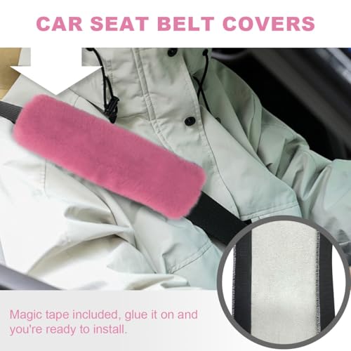 5PCS Fluffy Car Steering Wheel Cover Set, Includes Faux Fur Gear Shift Cover & Handbrake Cover & Steering Wheel Protector & 2 Seat Belt Shoulder Pads, Winter Fuzzy Warm Car Accessories (Pink) - color: Pink
