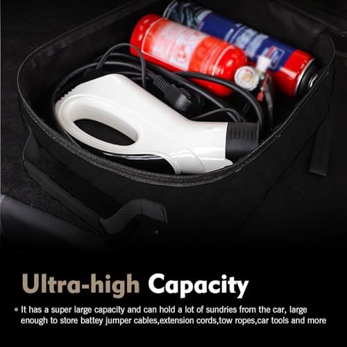 Car Jumper Cable Bag, 12.6In Leather Waterproof Tools Cable Bag, Portable Car Trunk Storage & Organizer for EV Charging Cord, Hoses, Universal for Road Trip Garage