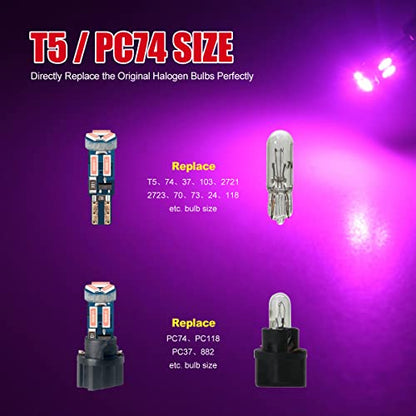 High Bright Pink T5 37 74 PC74 PC37 LED Bulb with Twist Lock Socket for Dashboard Instrument Panel Gauge Cluster Light and Map Vanity Mirror Glove Box Indicator Light - color: Pink