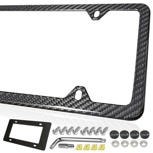 FBJTDQ Carbon Fiber License Plate Frame- Stainless Steel Car Tag Holder Wrapped with Real Carbon Fiber, 4 Hole Slim Design, Anti-Theft Screws Caps, Rattle-Proof Pad, 1 Pack for Front or Rear - color: Carbon-4 Hole-Slim