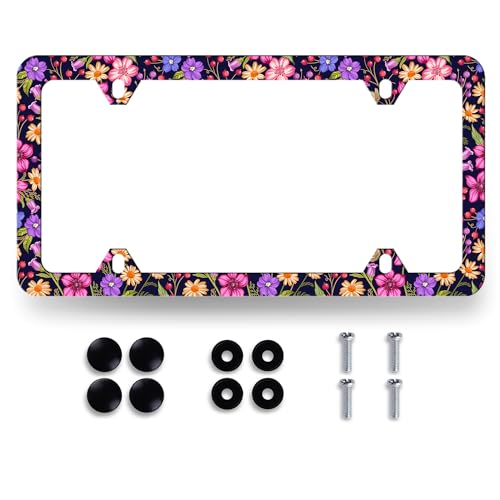 Beautiful Berry Flower License Plate Frame Colorful Floral License Plate Holder Stainless Steel Flowers Car Accessory Funny License Plate Women Decoration Size 12.2"x6.2" with Screws - color: Beautiful Berry Flowers pattern