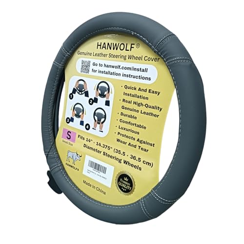 Steering Wheel Cover, Gray, Real Genuine Leather, Small, 14 inch, for Men and Women, Universal, Stretch On, Heat Resistant, Stays Cool, Non-Slip, HANWOLF - color: Dark Gray, size: Small (14 to 14.375 inch diameter)