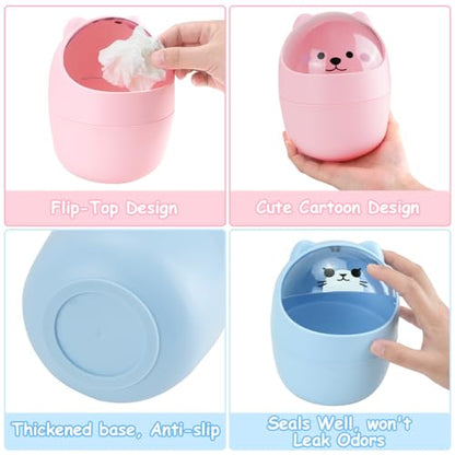 Mini Trash Can, Cute Small Trash Can with Lid, Desktop Paper Bin with 5 Rolls of Bin Liners, Portable Tabletop Dustbin, Cartoon Animal Rubbish Storage for Kitchen(Blue) - color: Blue