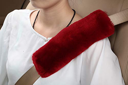 U&M 2 Pack Genuine Sheepskin Auto Seat Belt Cover for Adult Youth Kid Toddlers -Soft Warm Car, Truck, SUV, Camera Backpack Strap Shoulder Pad Wool Fluffy - color: red