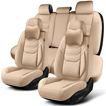 TIEHESYT Beige Car Seat Covers Full Set, Breathable Leather Automotive Front and Rear Seat Covers & Headrest, Automotive Seat Cover, Compatible with Most Cars Sedans SUV Pickup Trucks - color: Faddish Beige, size: Front Pair and Rear