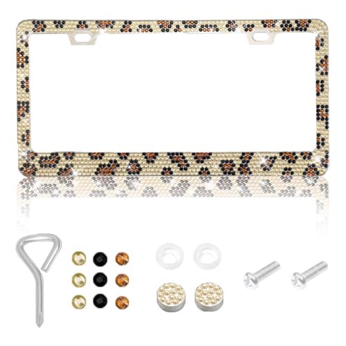 1 Pack Bling License Plate Frames, Bedazzled Sparkly Cute Water Diamond Stainless Steel，Car Accessories with Diamond Sparkle Glitter Caps（Leopard Print） - color: Leopard Print, size: 1