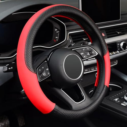 LABBYWAY Steering Wheel Cover, Universal Fit 15 Inch Microfiber Leather Car Wheel Protector, Anti-Slip, Red - color: black&red