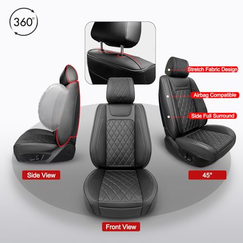 BEITK 2 Pack Leather Front Car Seat Covers,Universal Breathable Full Surround Leather Car Seat Cover Protector,Split Waterproof Luxury Auto Black Seat Cover Cushion for Sedan Cars Pick-up Trucks SUV - color: Seat Cover Front Pair Black