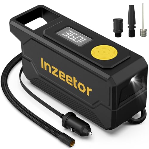 Tire Inflator Portable Air Compressor, 12V DC Auto Shutoff Air Pump with Digital Pressure Gauge and Emergency LED Light for Car Tires, Bicycle & Balloons, Black - color: Black
