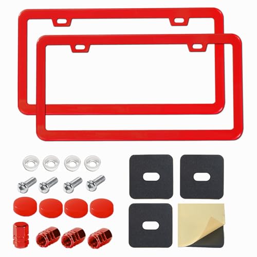 Red License Plate Frame, Premium Matte Aluminum Alloy Holder with 2 Holes, 2 Pack Waterproof Rust-Proof Universal Car Frame, Including Screws, Caps and Rattle Proof Pads - color: Red
