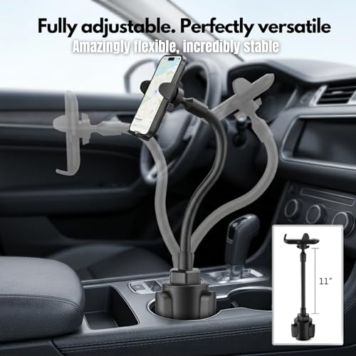 Car Cup Phone Holder, Car Phone Holder Cup Holder with 11” Long Arm, Goose Neck Cupholder Phone Holder, Adjustable Phone Holder for Car, Universal Cup Holder for Car, Cup Cradle