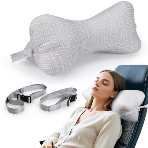 Neck & Cervical Pillows, Bone Pillows for Neck Support with 2 Fixed Rope & Have Loops on End, for Chiropractic Lumbar Spine, for Car Bus Truck Driving Travel Comfort Head Rest Support,Gray - color: Grey