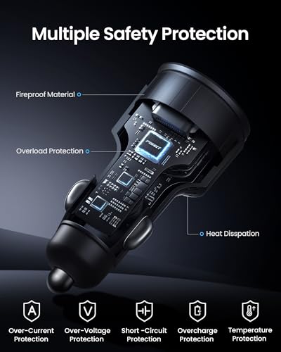 PISEN 60W USB C Car Charger - Car Phone Charger Adapter PD30W & QC3.0 Fast Charging, Car USB Charger Multi Port, Cigarette Lighter USB Charger, Car Charger with LED for iPhone 17/16/15/14/13/12 Series
