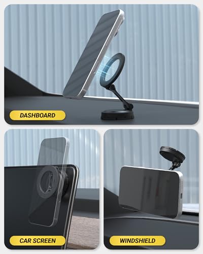 Scosche MagSafe Car Mount, Magnetic Phone Holder for Car Dashboard with Foldable Arm and 360° Swivel Adhesive Base, Secure Car Phone Mount for iPhone 17/16/15/14/13, Compatible with PopSockets