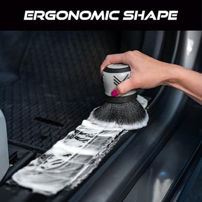 VIKING Car Cleaning Brush for Car Detailing Kit, Super-Soft Bristles for Interior Detail and Cleaning, 5 Inch Diameter, Black/Grey, Storage Stand Included
