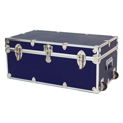 Rhino Trunk & Case Large Essential Trunk With Wheels 32”x18”x14”, 1000+ lbs Capacity - Many Colors. Strong, USA Made Summer Camp Footlocker, and Secure College Dorm Storage Chest - color: Navy Blue