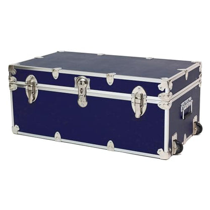 Rhino Trunk & Case Large Essential Trunk With Wheels 32”x18”x14”, 1000+ lbs Capacity - Many Colors. Strong, USA Made Summer Camp Footlocker, and Secure College Dorm Storage Chest - color: Navy Blue
