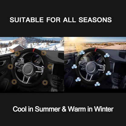 Suede Steering Wheel Cover with Upgraded Silicone Inner Ring, Breathable, Anti-Slip, Leather Universal 14.5 to 15 Inch Steering Wheel Cover (Black with Red Mark) - style: Black with Red Mark