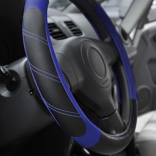 Elantrip Steering Wheel Cover Leather 14 1/2 to 15 inch Universal Padded Soft Grip Breathable for Car Truck SUV Jeep Anti Slip Blue and Black - color: Black and Blue, size: 14 1/2 - 15 Inch