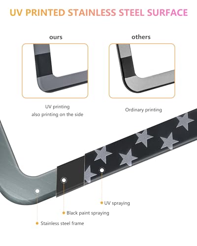 American Flag License Plate Frames - 2 Pack Black Stainless Steel Patriotic USA Car Tag Frame with UV-Printed Flag & 3D Metal Decals - style: Grey-Stainless steel-Slim