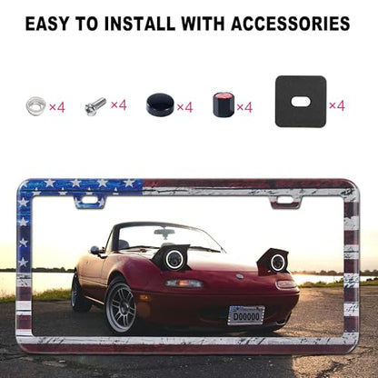 American Flag License Plate Frame, Premium Fashion Matte Aluminum Holder with 2 Holes, 2 Pcs US Flag Universal Car Frame Waterproof Rust-Proof, Including Screws, Caps and Rattle Proof Pads - color: US Flag