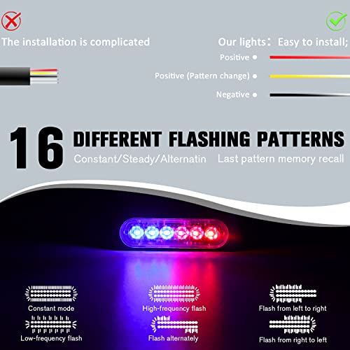 DIBMS LED Emergency Strobe Lights, 8X Red Blue 6 LED Strobe Warning Emergency Flashing Light Caution Construction Hazard Light Bar for Car Truck Van Off Road Vehicle ATV SUV Surface Mount - color: Red Blue